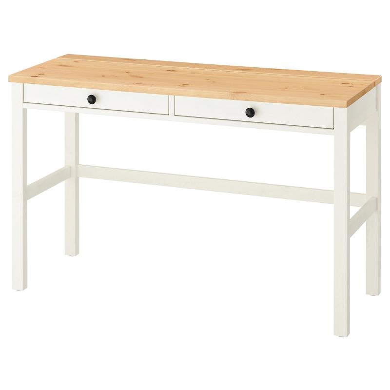 HEMNES ヘムネス デスク 引き出し2個付き - ホワイトステイン/ライトブラウン 120x47 cm