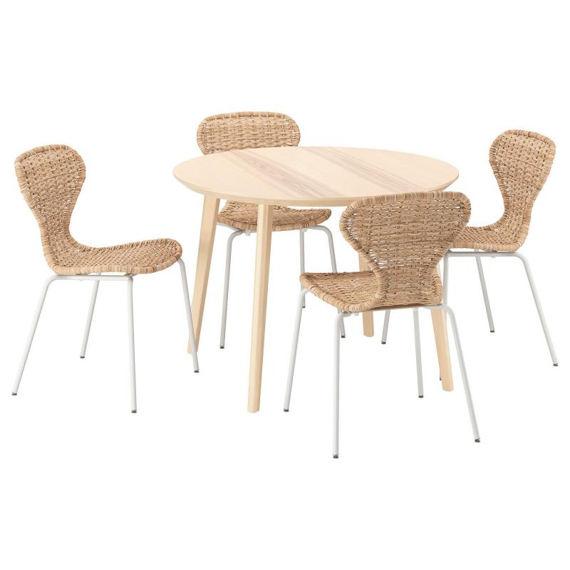 LISABO リーサボー / ÄLVSTA エルヴスタ テーブル＆チェア4脚 - アッシュ材突き板/籐 ホワイト 105 cm