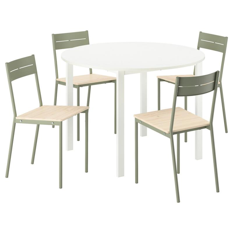 VIHALS ヴィーハルス テーブル＆チェア4脚 - ホワイト ホワイト/グレーグリーン パイン材 107 cm