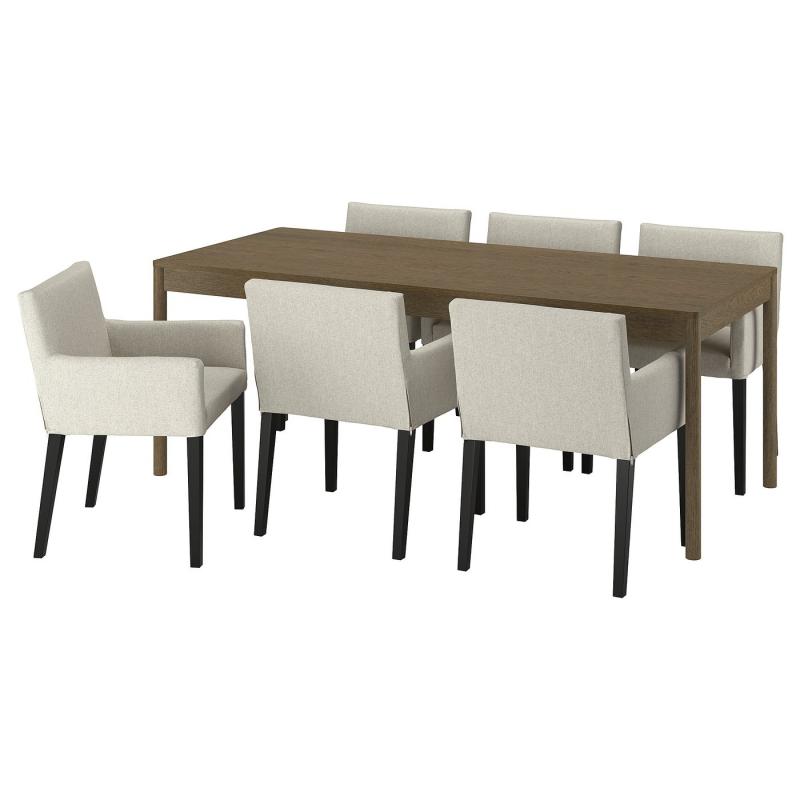 TONSTAD トンスタード / MÅRENÄS モーレネス テーブル＆チェア6脚 - ブラウン オーク材突き板/グンナレド ベージュ ブラック 200x85 cm