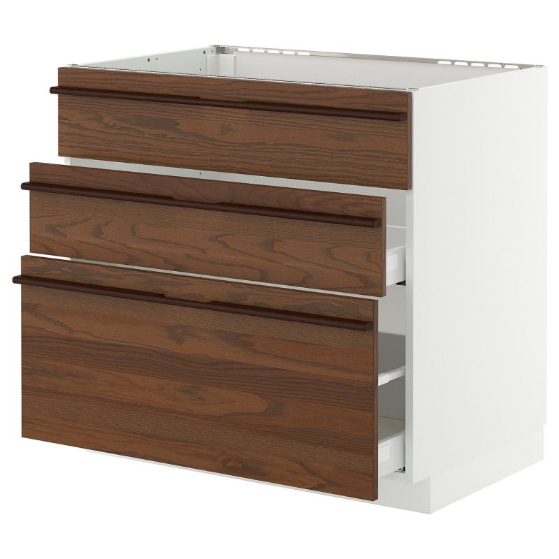 METOD メトード / MAXIMERA マキシメーラ ベースキャビネット シンク用+引き出し前部3枚/引き出し2個 - ホワイト/ステーンスタ ダークブラウン アッシュ材突き板 90x60x80 cm