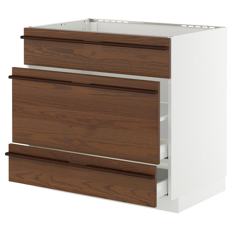 METOD メトード / MAXIMERA マキシメーラ ベースキャビネット シンク用+引き出し前部3枚/引き出し2個 - ホワイト/ステーンスタ ダークブラウン アッシュ材突き板 90x60x80 cm