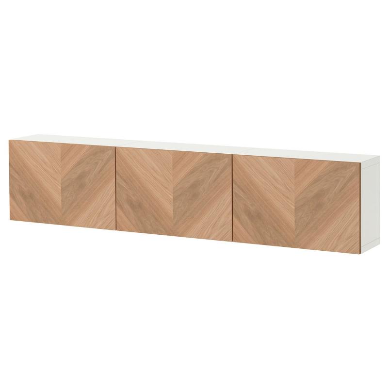 BESTÅ ベストー 壁取り付け式キャビネットコンビネーション - ホワイト/ヘデヴィーケン オーク材突き板 180x22x38 cm