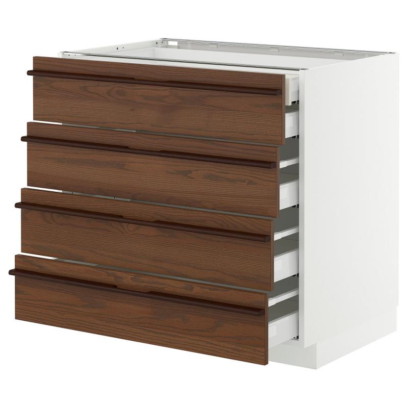 METOD メトード / MAXIMERA マキシメーラ ベースキャビネット 引き出し前部4/引き出し低2/引き出し中3 - ホワイト/ステーンスタ ダークブラウン アッシュ材突き板 90x60x80 cm