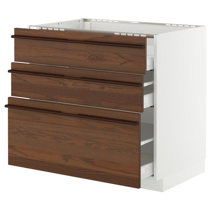 METOD メトード / MAXIMERA マキシメーラ ベースキャビネット コンロ用/引き出し前部3枚/引き出し3個 - ホワイト/ステーンスタ ダークブラウン アッシュ材突き板 90x60x80 cm