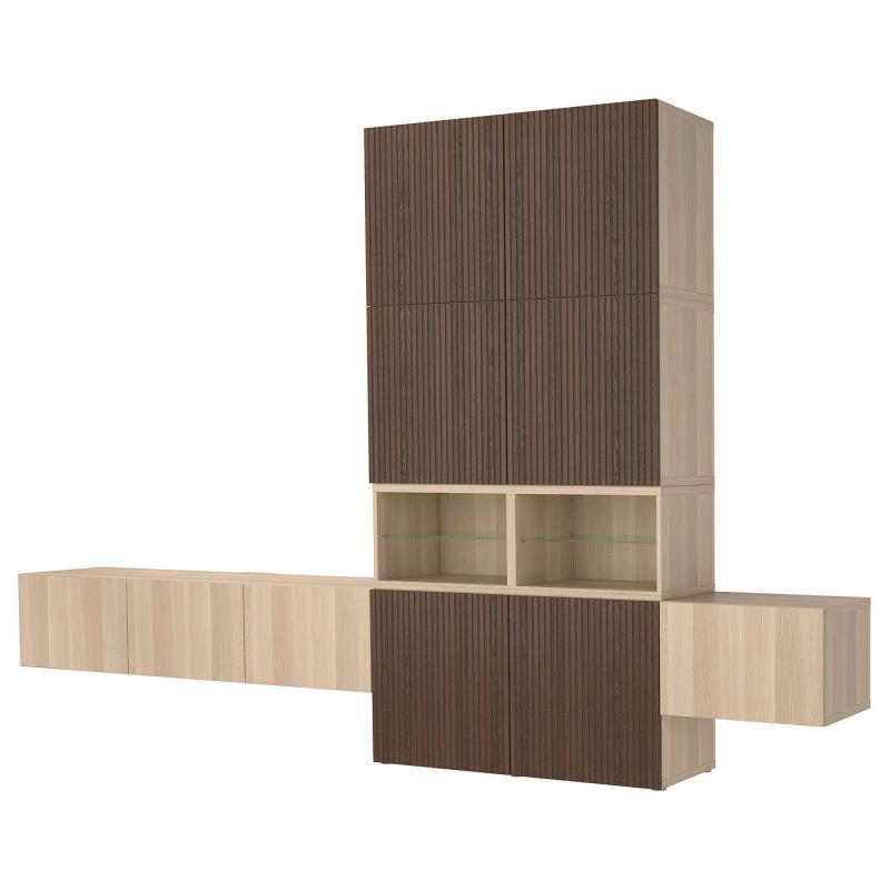 BESTÅ ベストー メディア収納コンビネーション - ホワイトステインオーク調 ラップヴィーケン/ビョルケヴィーケン ブラウン 360x42x231 cm
