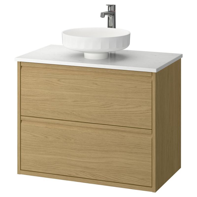 ÄNGSJÖN エングショーン / LERSJÖN レルション 洗面台 引き出し付き/洗面ボウル/水栓 - オーク調/ホワイト 大理石調 82x49x79 cm