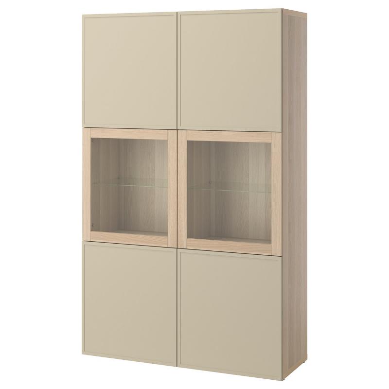 BESTÅ ベストー 収納コンビネーション ガラス扉付き - ホワイトステインオーク調/クルークマカーレ ベージュ 120x42x193 cm