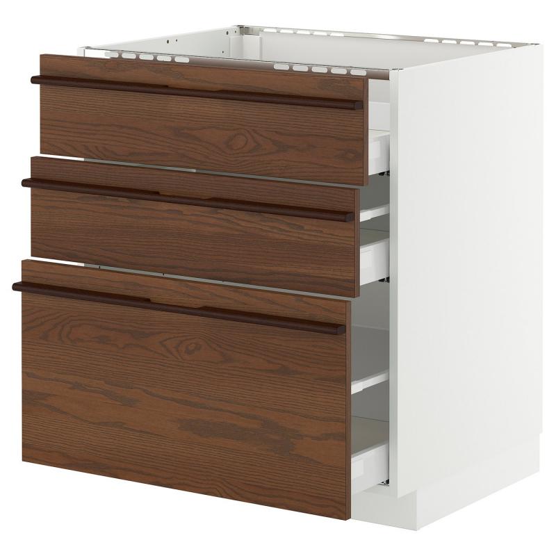 METOD メトード / MAXIMERA マキシメーラ ベースキャビネット コンロ用/引き出し前部3枚/引き出し3個 - ホワイト/ステーンスタ ダークブラウン アッシュ材突き板 75x60x80 cm
