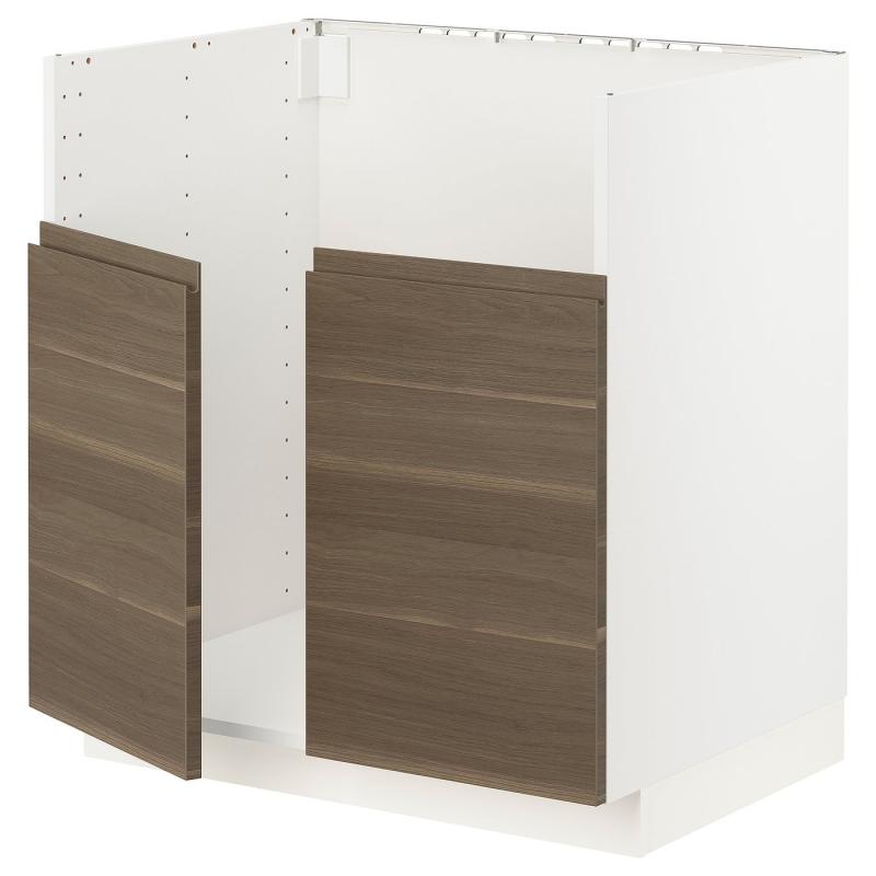 METOD メトード ベースキャビネット TALLSJÖN/タルショーン シンク用 - ホワイト/ヴォックストルプ ウォールナット調 80x60x80 cm