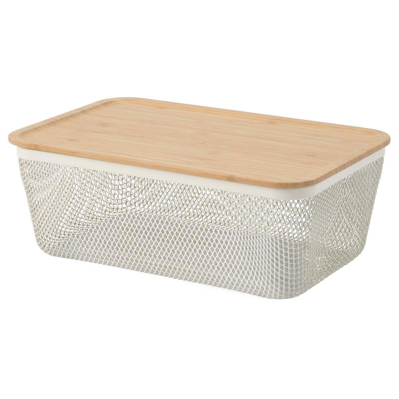 IKEA 365+ 食品保存バスケット ふた付き - 長方形 メタル/ホワイト 竹 32x21x13 cm