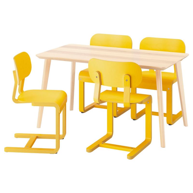 LISABO リーサボー / LYCKAN リッカン テーブル&チェア4脚 - アッシュ材突き板/イエロー バーチ材突き板 140x78 cm