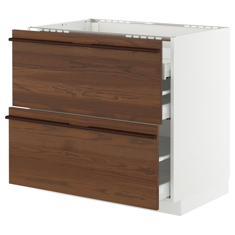 METOD メトード / MAXIMERA マキシメーラ ベースキャビネット コンロ用/引き出し前部2枚/引き出し3個 - ホワイト/ステーンスタ ダークブラウン アッシュ材突き板 90x60x80 cm
