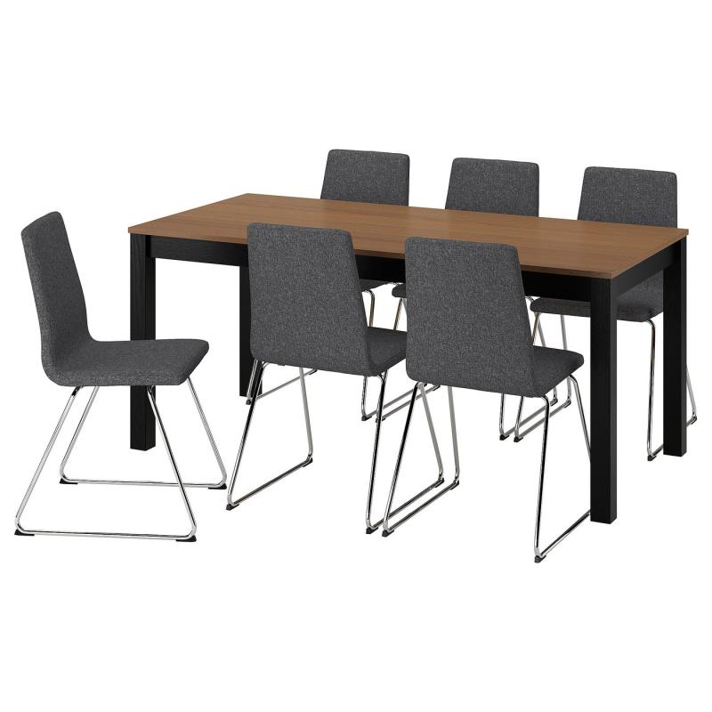 ÅLHULT オールフルト / LILLÅNÄS リルローネス テーブル&チェア6脚 - ブラック/ブラウン/グンナレド ダークグレー クロムメッキ 170x80 cm