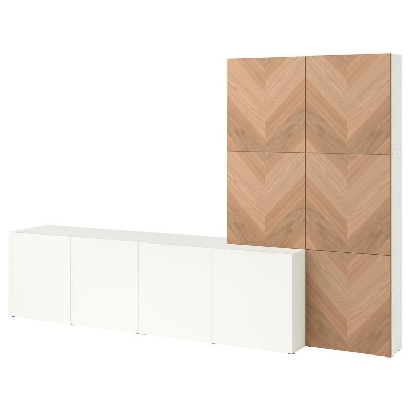 BESTÅ ベストー 収納コンビネーション 扉付 - ホワイト ラップヴィーケン/ヘデヴィーケン オーク 300x42x193 cm