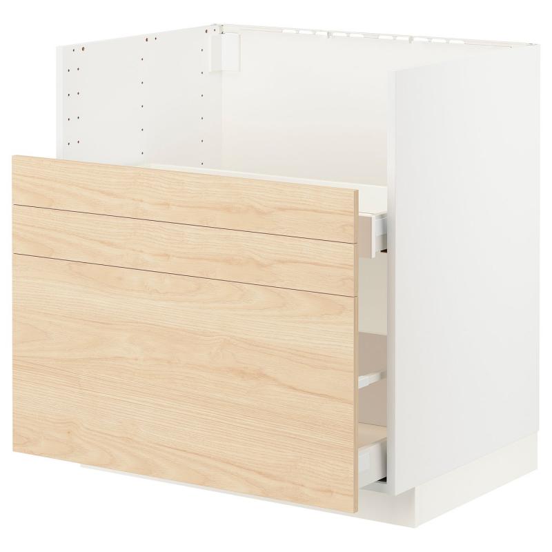 METOD メトード / MAXIMERA マキシメーラ ベースキャビネット TALLSJÖN/タルショーン シンク用 - ホワイト/アスケルスンド ライトアッシュ調 80x60 cm
